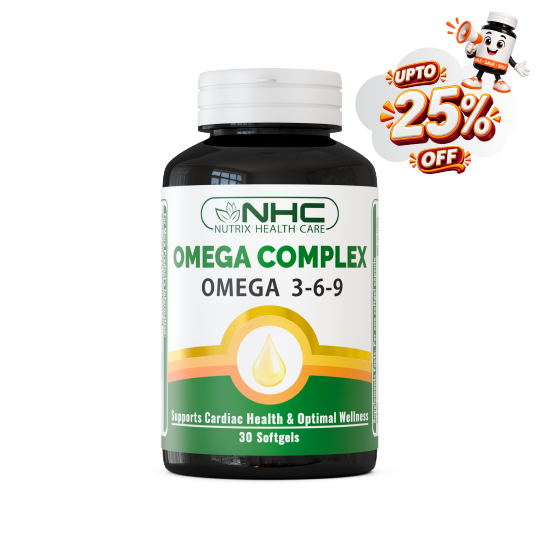 NHC Nutrix Health Care Omega Complex supplement bottle on a white background with a promotional 'UPTO 25% OFF' badge in the top right corner.