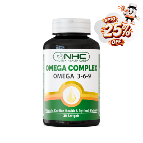 NHC Nutrix Health Care Omega Complex supplement bottle on a white background with a promotional 'UPTO 25% OFF' badge in the top right corner.