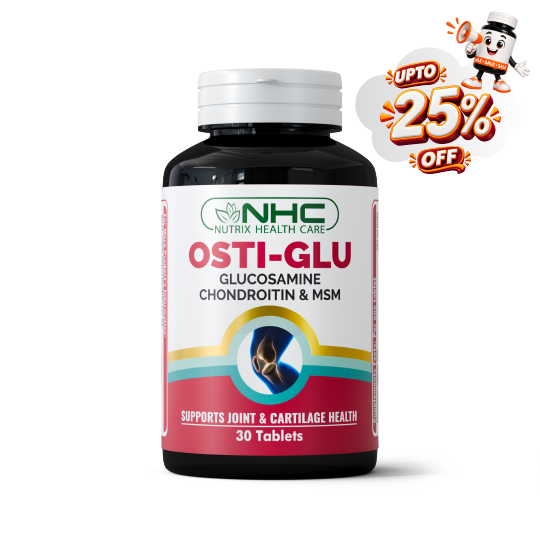 A bottle of NHC Nutrix Health Care Osti-Glu tablets, featuring a white and red label with a white cap, shown on a white background with a promotional 'UPTO 25% OFF' badge in the top right corner.