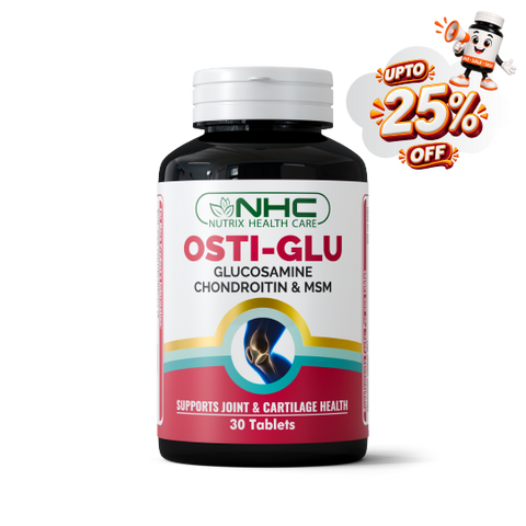 A bottle of NHC Nutrix Health Care Osti-Glu tablets, featuring a white and red label with a white cap, shown on a white background with a promotional 'UPTO 25% OFF' badge in the top right corner.