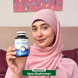 Influencer Iqra Shahmeer holding NHC Pantacal Calcium Vitamin D3 supplement for bone health