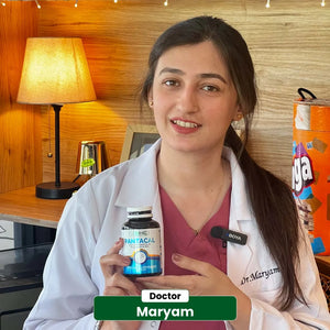 Doctor Maryam holding NHC Pantacal Calcium supplement for bones and nerves health