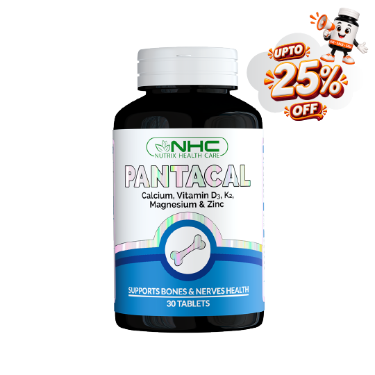 A bottle of NHC Nutri-Health Care Pantical tablets, featuring a white and blue label with a bone icon, shown on a white background with a promotional 'UPTO 25% OFF' cartoon badge in the top right corner.