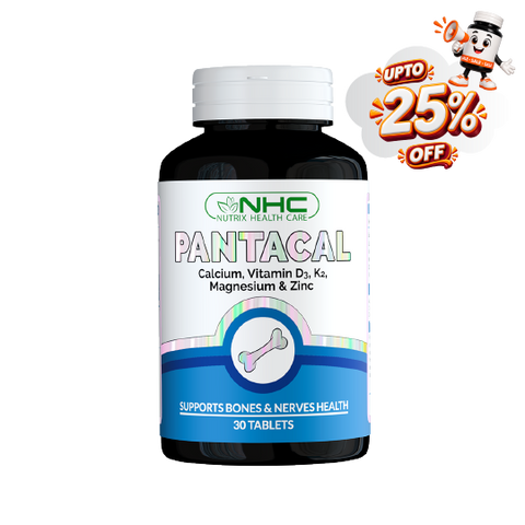 A bottle of NHC Nutri-Health Care Pantical tablets, featuring a white and blue label with a bone icon, shown on a white background with a promotional 'UPTO 25% OFF' cartoon badge in the top right corner.