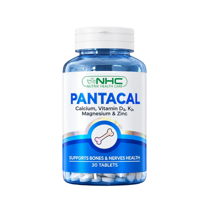 NHC Pantacal Calcium, Vitamin D3, K2, Magnesium & Zinc supplement bottle, 30 tablets, supports bones and nerves health