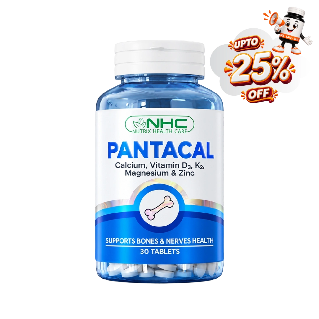 NHC Pantacal Calcium, Vitamin D3, K2, Magnesium & Zinc supplement bottle with up to 25% off sale badge