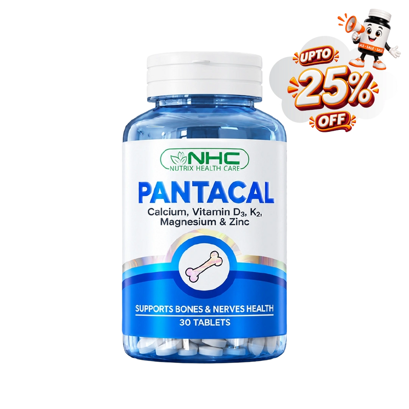 NHC Pantacal Calcium, Vitamin D3, K2, Magnesium & Zinc supplement bottle with up to 25% off sale badge