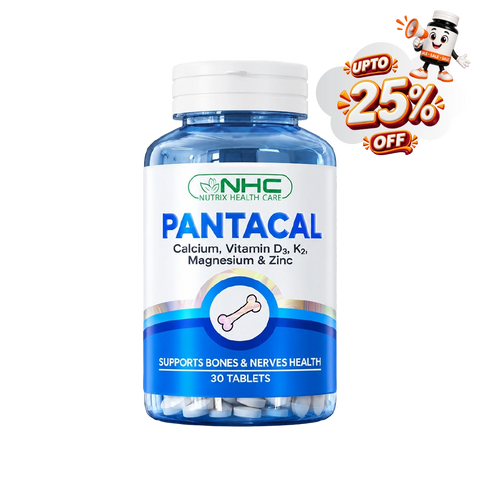 NHC Pantacal Calcium, Vitamin D3, K2, Magnesium & Zinc supplement bottle with up to 25% off sale badge