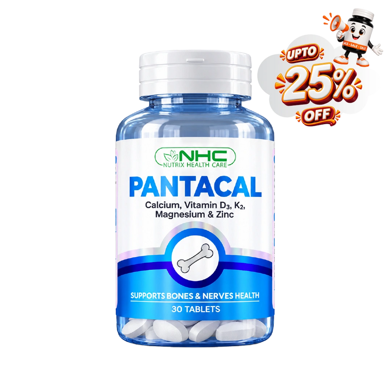 NHC Pantacal Calcium, Vitamin D3, K2, Magnesium & Zinc supplement bottle with up to 25% off sale badge