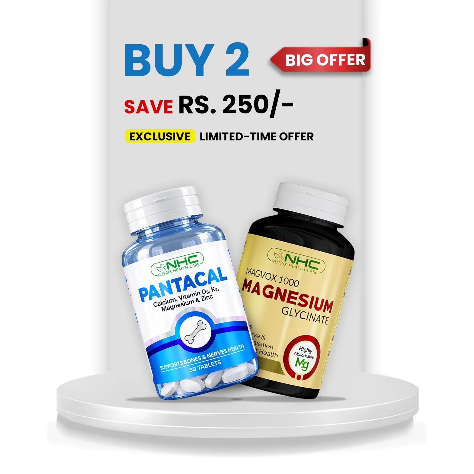 Buy 2 NHC Pantacal and Magvox 1000 Magnesium Glycinate bones and muscles support duo, save Rs. 250, limited-time offer
