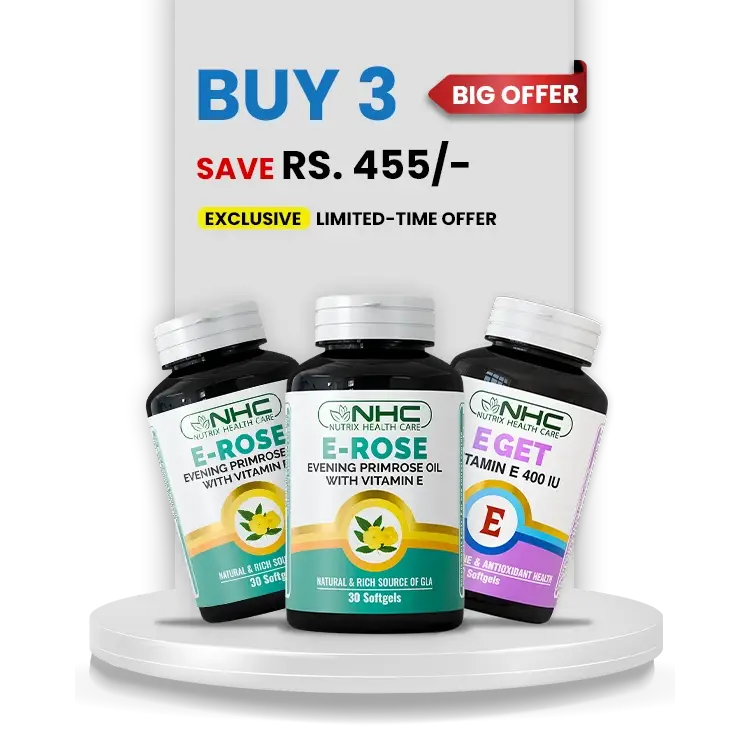 NHC PCOS Relief Bundle – Buy 3 Save Rs. 455 – E-Rose Evening Primrose Oil with Vitamin E & E-Get Vitamin E 400 IU – Antioxidant & Hormonal Health