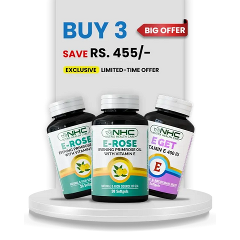 NHC PCOS Relief Bundle – Buy 3 Save Rs. 455 – E-Rose Evening Primrose Oil with Vitamin E & E-Get Vitamin E 400 IU – Antioxidant & Hormonal Health