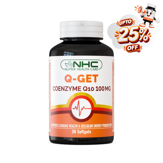 A bottle of NHC Nutrix Health Care Q-Get Coenzyme Q10 100mg softgels, featuring a white and orange label with a white cap, set against a plain white background with a promotional 'UPTO 25% OFF' badge in the top right corner.