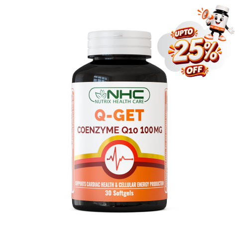 A bottle of NHC Nutrix Health Care Q-Get Coenzyme Q10 100mg softgels, featuring a white and orange label with a white cap, set against a plain white background with a promotional 'UPTO 25% OFF' badge in the top right corner.