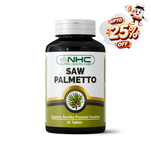 A bottle of NHC Nutrix Health Care Saw Palmetto dietary supplement with a white cap and a white, green, and gold label, shown on a white background with a promotional 'UPTO 25% OFF' cartoon badge in the top right corner.