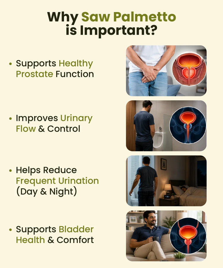 Why Saw Palmetto is important: supports healthy prostate function, improves urinary flow and control, reduces frequent urination day and night, supports bladder health