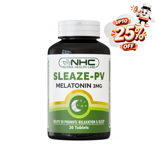 A bottle of NHC Sleaze-PV Melatonin 3mg tablets on a white background, featuring a promotional badge in the top right corner offering up to 25% off.