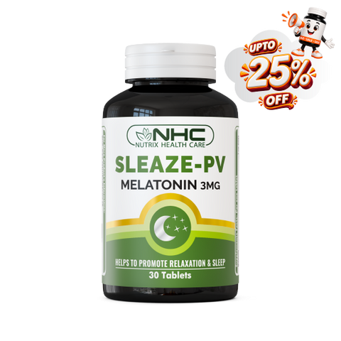A bottle of NHC Sleaze-PV Melatonin 3mg tablets on a white background, featuring a promotional badge in the top right corner offering up to 25% off.