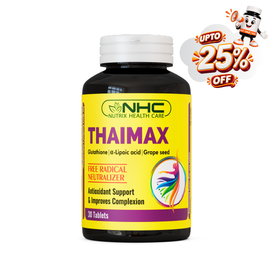 A bottle of NHC Thaimax dietary supplement with a bright yellow label and white cap, shown on a white background with a promotional 'UPTO 25% OFF' graphic overlay in the top right corner.