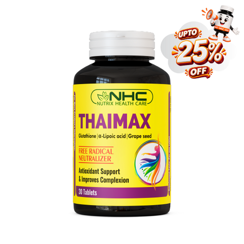 A bottle of NHC Thaimax dietary supplement with a bright yellow label and white cap, shown on a white background with a promotional 'UPTO 25% OFF' graphic overlay in the top right corner.