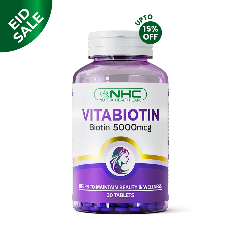 Nutrix Health Care VitaBiotin 5000 mcg biotin supplement bottle for hair skin and nails

