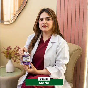 Doctor Maria endorsing NHC VitaBiotin Biotin 5000mcg tablets seated in clinic chair