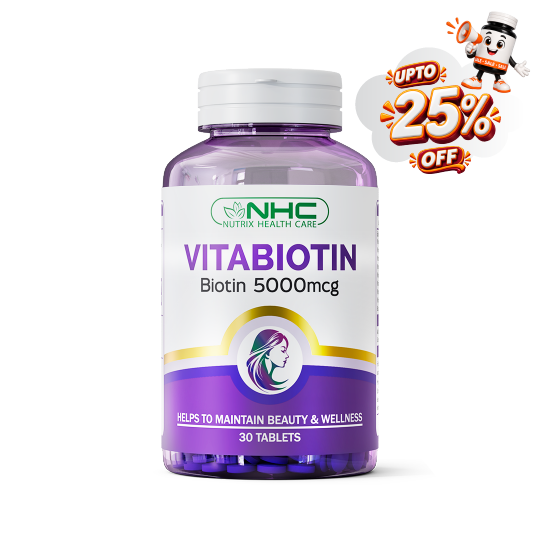 A bottle of NHC Vitabiotin Biotin 5000mcg tablets, 30 count, on a white background with a promotional 'UPTO 25% OFF' graphic overlay in the top right corner.