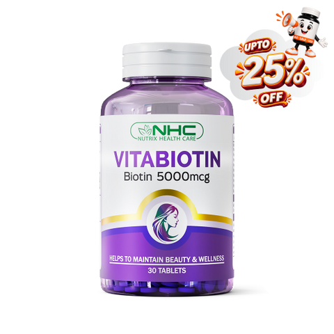 A bottle of NHC Vitabiotin Biotin 5000mcg tablets, 30 count, on a white background with a promotional 'UPTO 25% OFF' graphic overlay in the top right corner.
