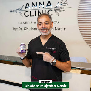 Doctor Ghulam Mujtaba Nasir of Anna Laser Clinic pointing to NHC VitaBiotin Biotin supplement