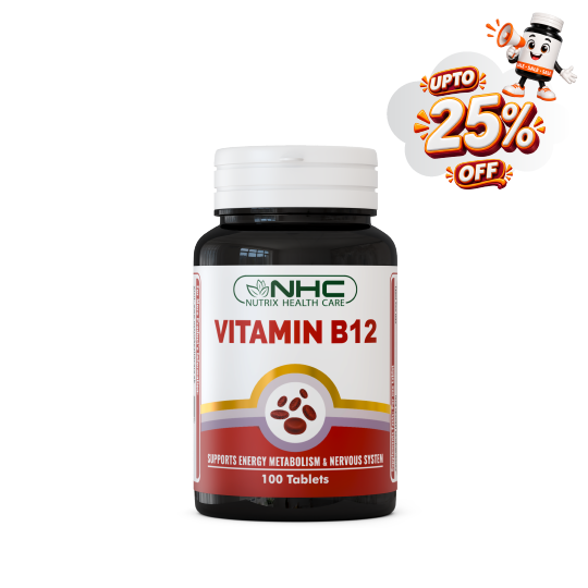 A bottle of NHC Vitamin B12 dietary supplement with a white cap and a white label featuring red and green branding, set against a plain white background with a promotional 'UPTO 25% OFF' graphic overlay in the top right corner.