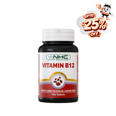 A bottle of NHC Vitamin B12 dietary supplement with a white cap and a white label featuring red and green branding, set against a plain white background with a promotional 'UPTO 25% OFF' graphic overlay in the top right corner.