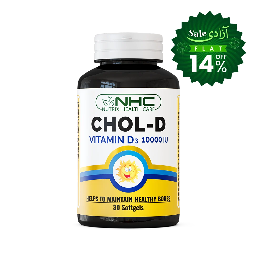 A bottle of NHC Chol-D Vitamin D3 10000 IU softgels on a white background, featuring a green promotional badge in the top right corner with Arabic text 'Sale الأتر البار الدختة'.