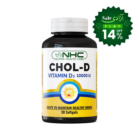 A bottle of NHC Chol-D Vitamin D3 10000 IU softgels on a white background, featuring a green promotional badge in the top right corner with Arabic text 'Sale الأتر البار الدختة'.
