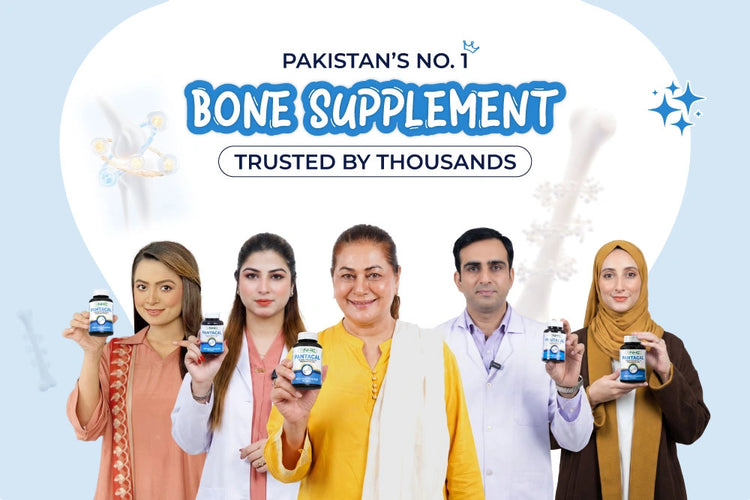 Pantacal – Pakistan's No. 1 Bone Supplement Trusted by Thousands, featuring five endorsers holding Pantacal bottles