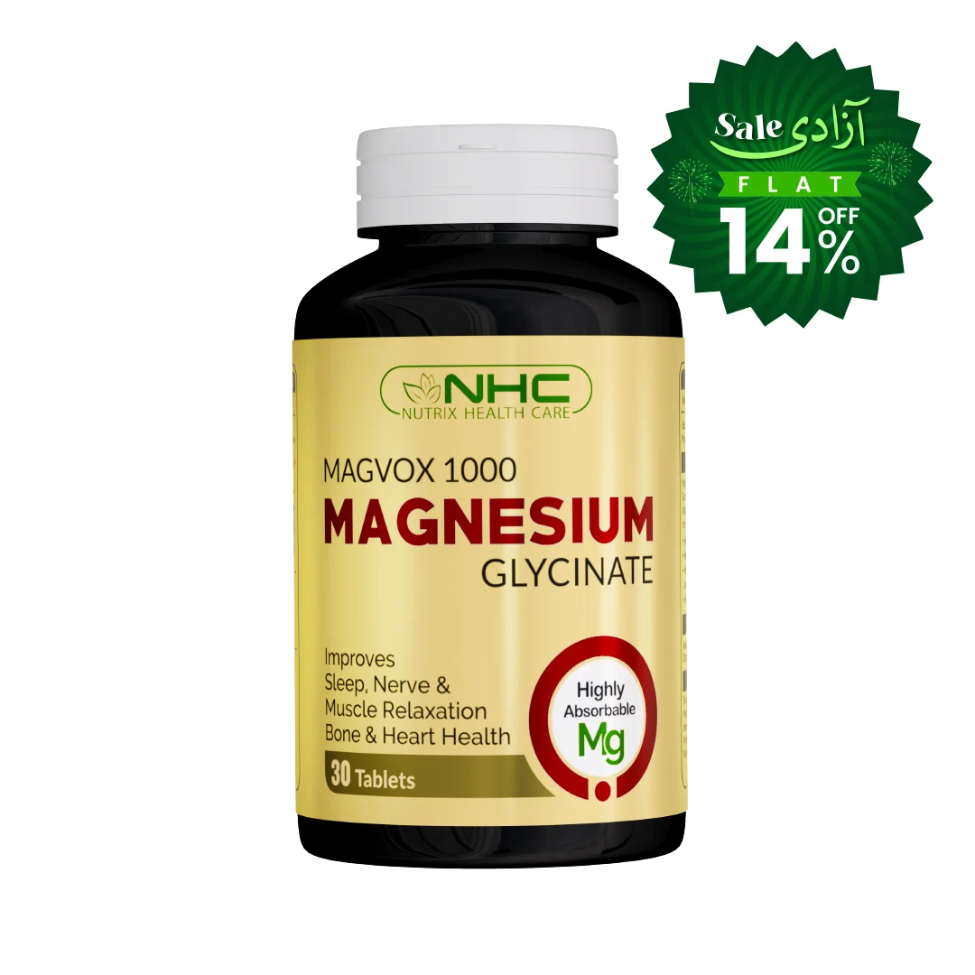 NHC Magvox 1000 Magnesium Glycinate supplement bottle with a white cap and a beige label, shown on a white background with a green sale badge in the top right corner.