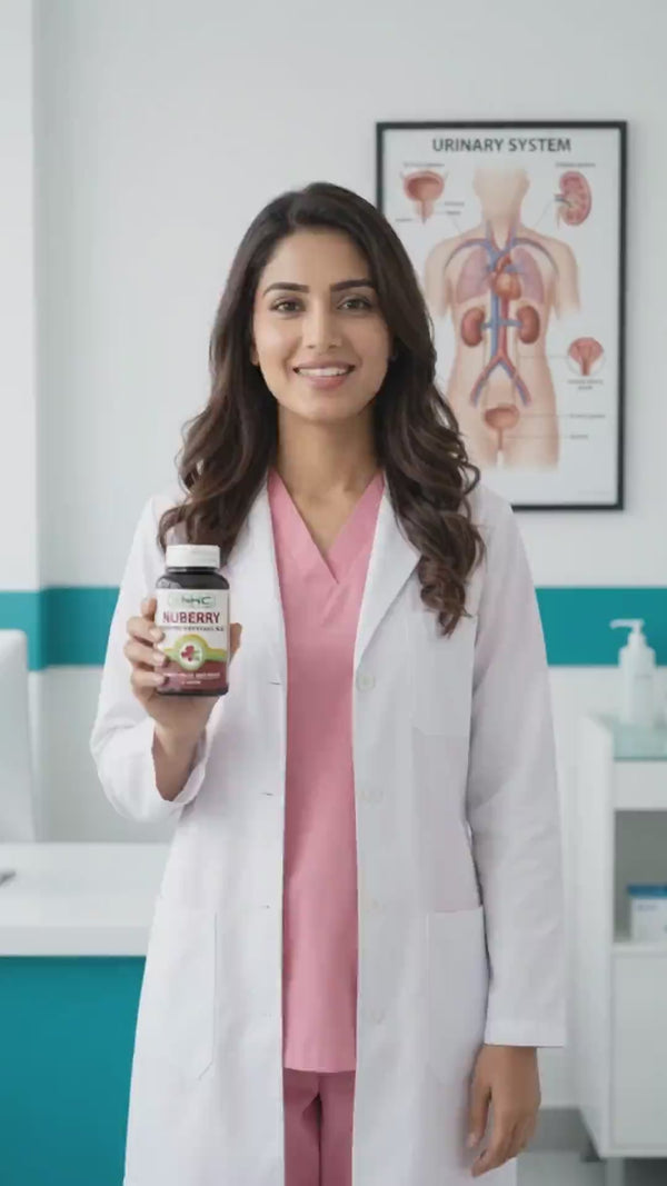 Doctor in scrubs holding NHC Nuberry cranberry supplement bottle in front of urinary system chart