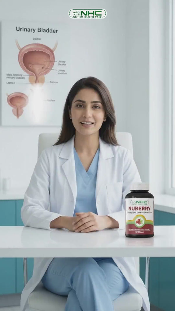 Doctor discussing urinary bladder health beside NHC Nuberry cranberry supplement bottle