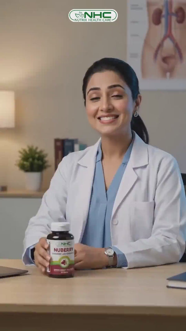 Doctor in white coat holding NHC Nuberry cranberry supplement bottle in clinic setting
