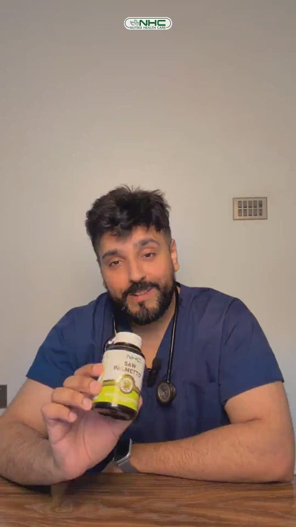 Rohail, a medical professional in scrubs, holding NHC Saw Palmetto bottle