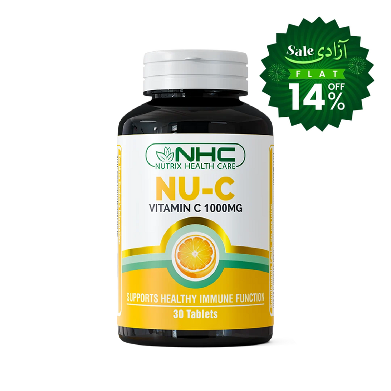 A bottle of NHC Nutrix Health Care NU-C Vitamin C 1000MG tablets, featuring a white and yellow label with an orange slice graphic, set against a plain white background with a green promotional sale badge in the top right corner.