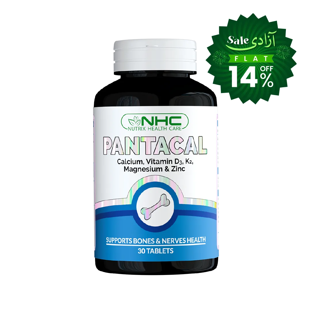 A bottle of NHC Pantical dietary supplement with a white cap and a white label featuring blue and green accents, alongside a green promotional sale badge on the top right.