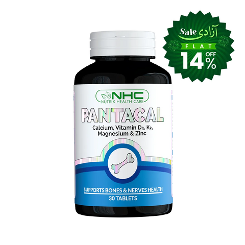 A bottle of NHC Pantical dietary supplement with a white cap and a white label featuring blue and green accents, alongside a green promotional sale badge on the top right.