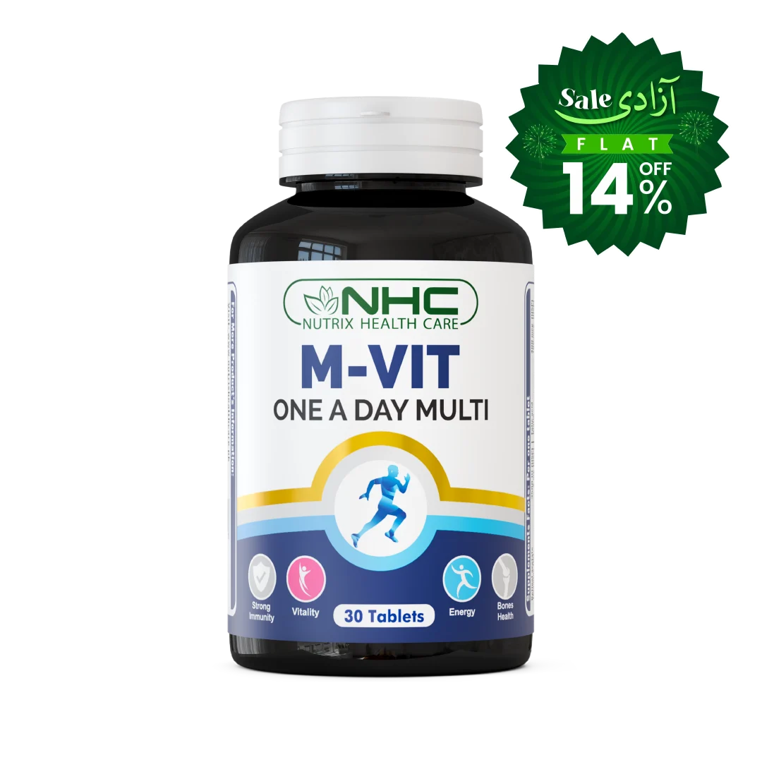 A bottle of NHC Nutrix Health Care M-VIT One A Day Multi tablets on a white background, featuring a green promotional sale sticker in the upper right corner.
