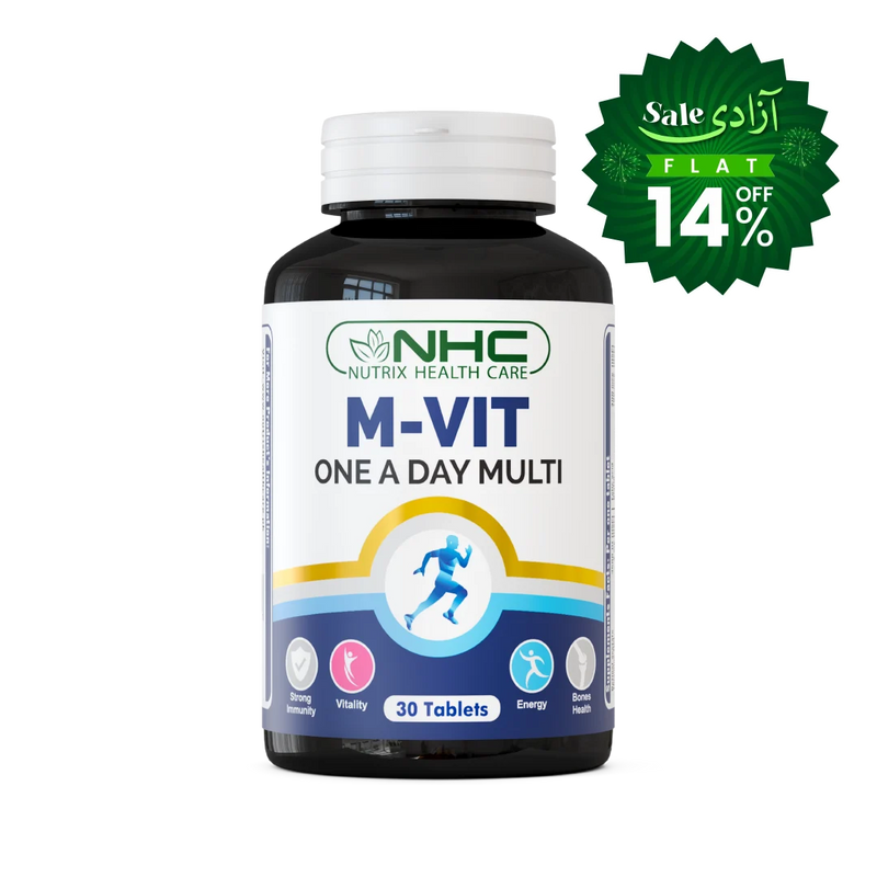 A bottle of NHC Nutrix Health Care M-VIT One A Day Multi tablets on a white background, featuring a green promotional sale sticker in the upper right corner.