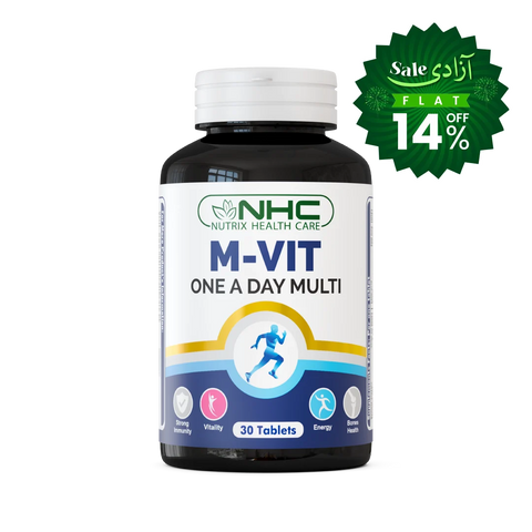 A bottle of NHC Nutrix Health Care M-VIT One A Day Multi tablets on a white background, featuring a green promotional sale sticker in the upper right corner.