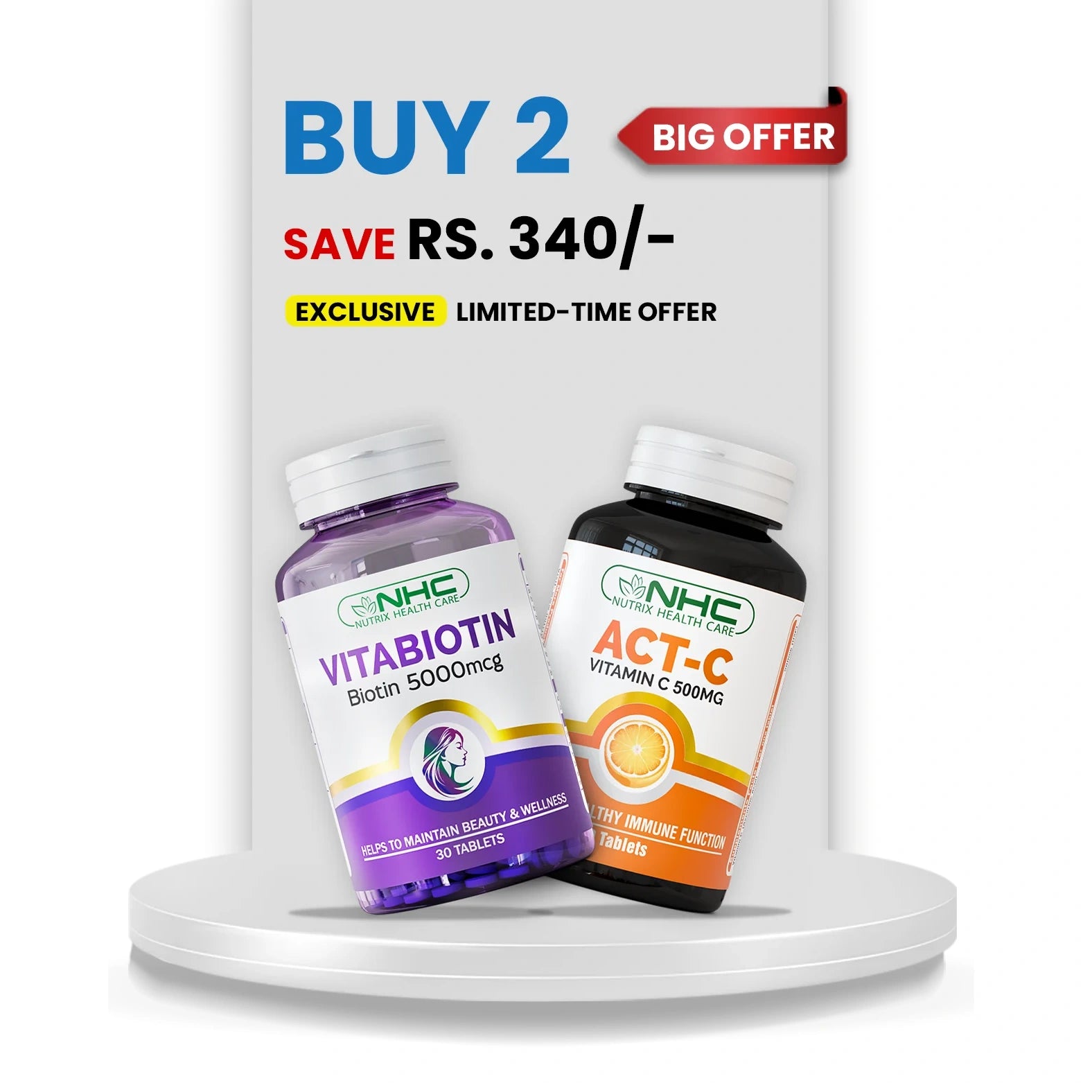 Hair Glow and Immunity Pack banner featuring VitaBiotin and ACT-C Vitamin C bundle offer