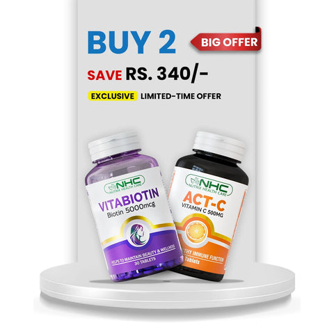 Hair Glow and Immunity Pack banner featuring VitaBiotin and ACT-C Vitamin C bundle offer