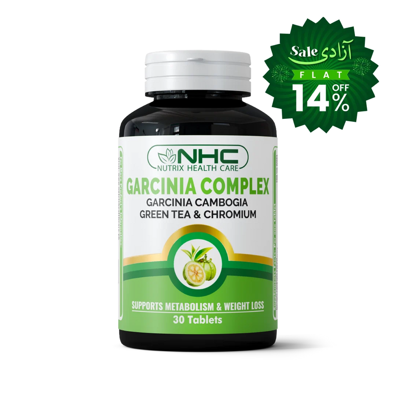 A bottle of NHC Nutrix Health Care Garcinia Complex tablets, featuring a white and green label with a white cap, set against a plain white background with a green promotional sale badge in the upper right corner.