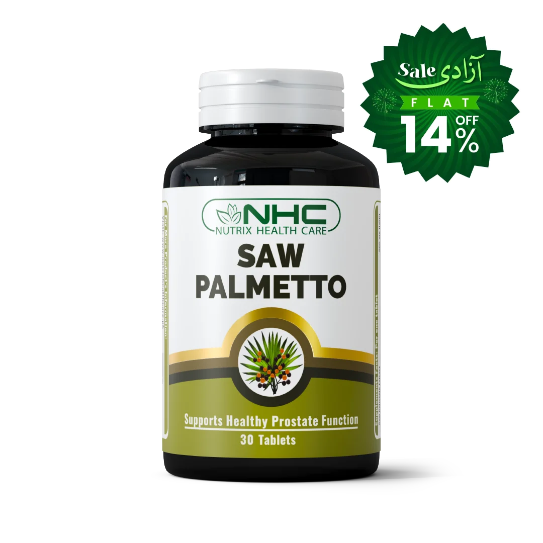 A bottle of NHC Nutrix Health Care Saw Palmetto dietary supplement with a white cap and a white, green, and gold label, shown on a white background with a green promotional sale badge in the top right corner.