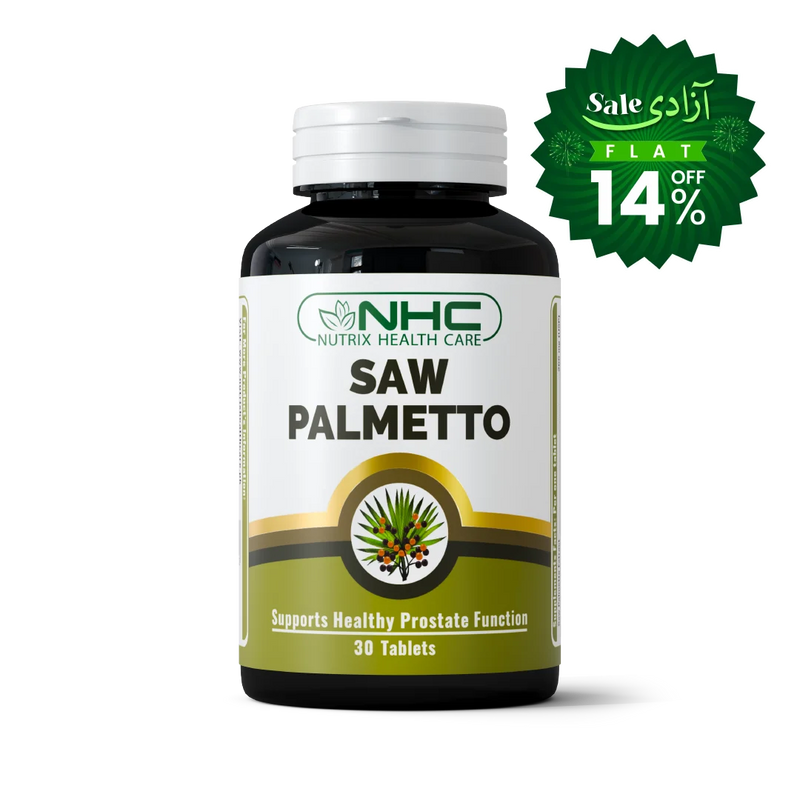 A bottle of NHC Nutrix Health Care Saw Palmetto dietary supplement with a white cap and a white, green, and gold label, shown on a white background with a green promotional sale badge in the top right corner.